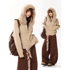 批发可拆卸毛领连帽<b class='q'>开衫</b><b class='q'>毛衣</b>外套<b class='q'>女</b>秋冬新款慵懒风短款针织衫上衣