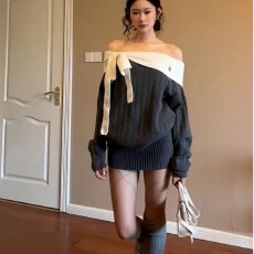 批发韩系纯欲风蝴蝶结一字肩针织连衣裙女秋季收腰显瘦气质包臀短裙子