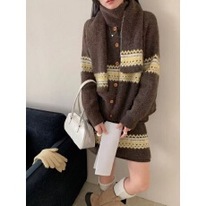 批发费尔岛提花针织开衫裙子套装女配围巾秋冬宽松保暖圆领三件套