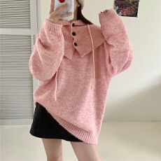 批发韩版宽松纯色圆领长袖毛衣慵懒风宽松可拆卸连帽针织衫女