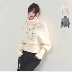 批发<b class='q'>韩版</b> 绞花蝙蝠袖套头毛衣女高领收腰上衣慵懒显瘦气质针织衫