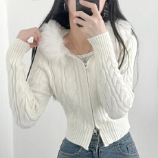 批发韩版时尚显瘦短款拉链连帽毛领麻花<b class='q'>毛衣</b><b class='q'>开衫</b>短外套