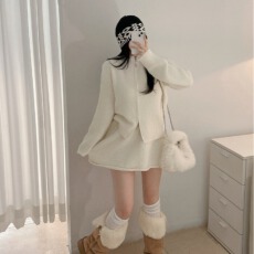 批发NS韩国东大门甜辣慵懒长袖针织衫拉链开衫上衣+半身裙短裙套装