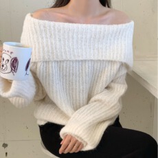 保暖毛衣 宽松显瘦露肩毛衣长袖上衣韩系慵懒风一字肩针织衫女