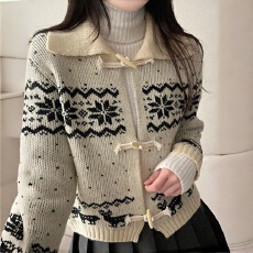 批发INS韩国东大门设计感重工提花大翻领牛角扣<b class='q'>毛</b>衣开<b class='q'>衫</b>