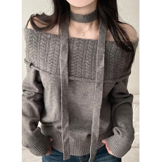 批发实拍韩版灰色宽松一字肩<b class='q'>毛</b>衣女秋冬纯色高级感慵懒风针织<b class='q'>衫</b>上衣