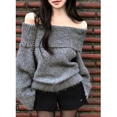 批发保暖<b class='q'>毛</b>衣 宽松显瘦露肩<b class='q'>毛</b>衣长袖上衣韩系慵懒风一字肩针织<b class='q'>衫</b>女