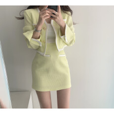 批发韩国chic洋气复古V领别致纽扣<b class='q'>短外套</b>+高腰小个子包臀半身裙套装