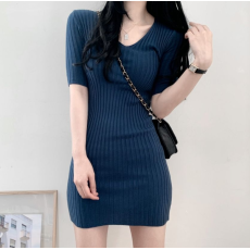 批发修身V领螺纹气质冰爽丝连衣裙