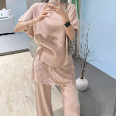 批发夏 <b class='q'>韩国</b> 薄款冰丝针织 显瘦屁帘拼接长裤+上衣<b class='q'>套装</b> 两件套