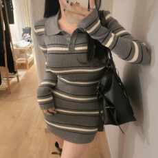 批发韩女chic polo领条纹 灰色条纹翻领纽扣<b class='q'>连衣裙</b> 1色