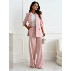 批发跨境欧美风棉麻西装套装女宽松休闲七分袖西服高腰直筒裤两件套