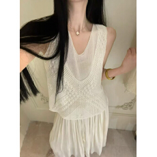 批发简约老钱风针织背心套装女气质V领镂空设计感百搭慵懒风叠穿上衣