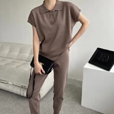 批发针织两件套女秋冬新韩版翻领无袖针织马甲背心+高腰束脚长