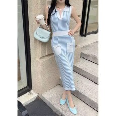 批发法式小香风无袖针织连衣裙条纹翻领大气修身显瘦长款裙子