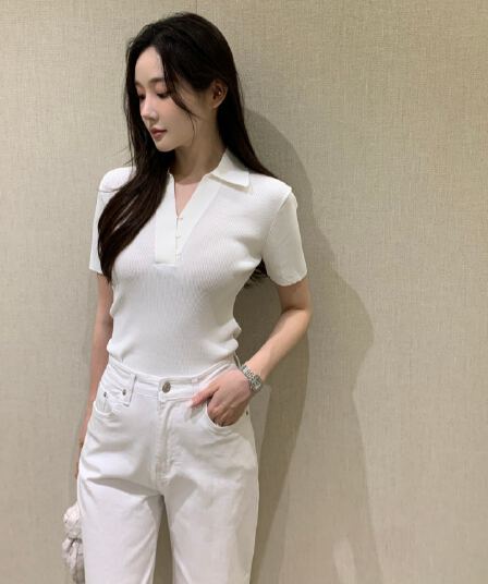 한국 chic 여름 새로운 한 부서 V넥 비스듬한 단추 다용도 반팔 니트 스웨터