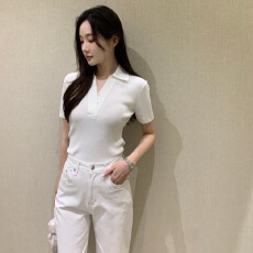 批发韩国chic夏季新款韩系V领斜纽扣百搭短袖针织衫