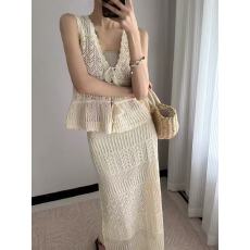 批发V领花边镂空度假针织亚麻背心半裙套装女<b class='q'>春</b>夏女装