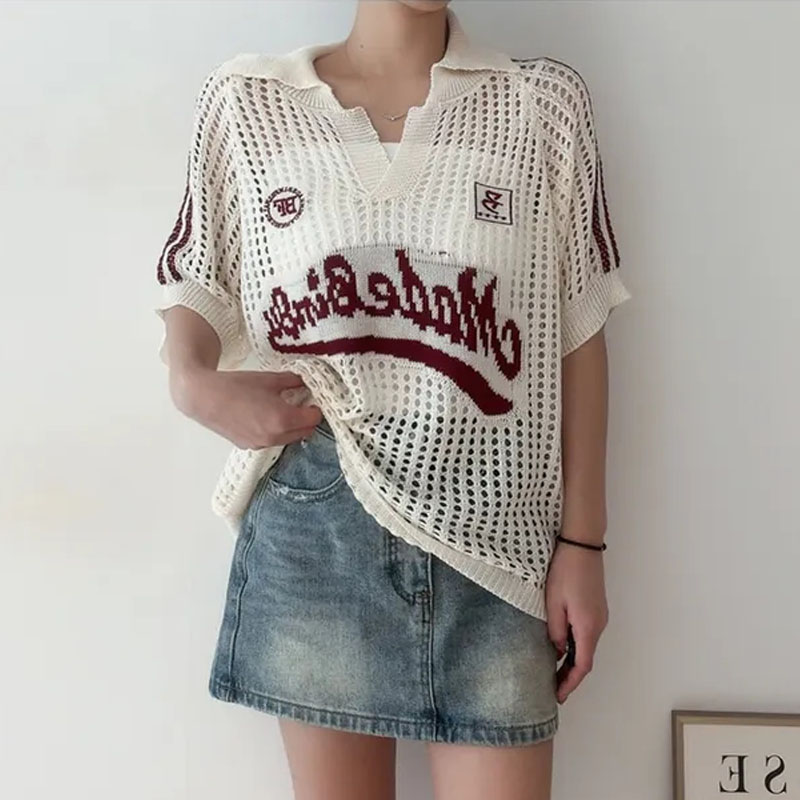 여름 디자인 센스 홀로우 아웃 메쉬 디자인 센스 아메리칸 운동 바람 루즈핏 폴로 칼라 반팔 얇은 스타일 니트 티셔츠