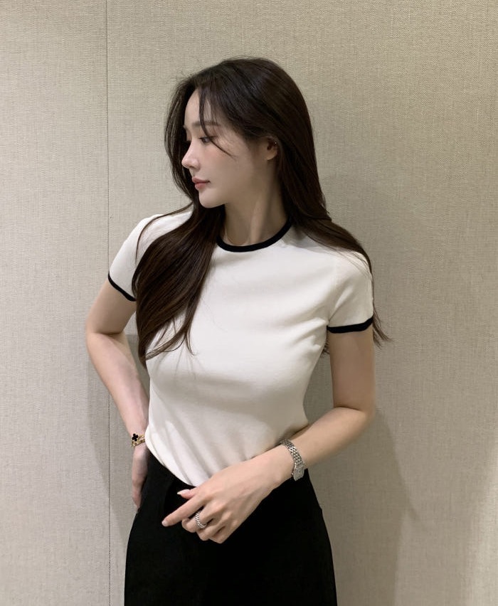 사이즈 업데이트 한국 chic 여름 새로운 얇은 스타일 프랑스식 배색 품격 반팔 니트 스웨터