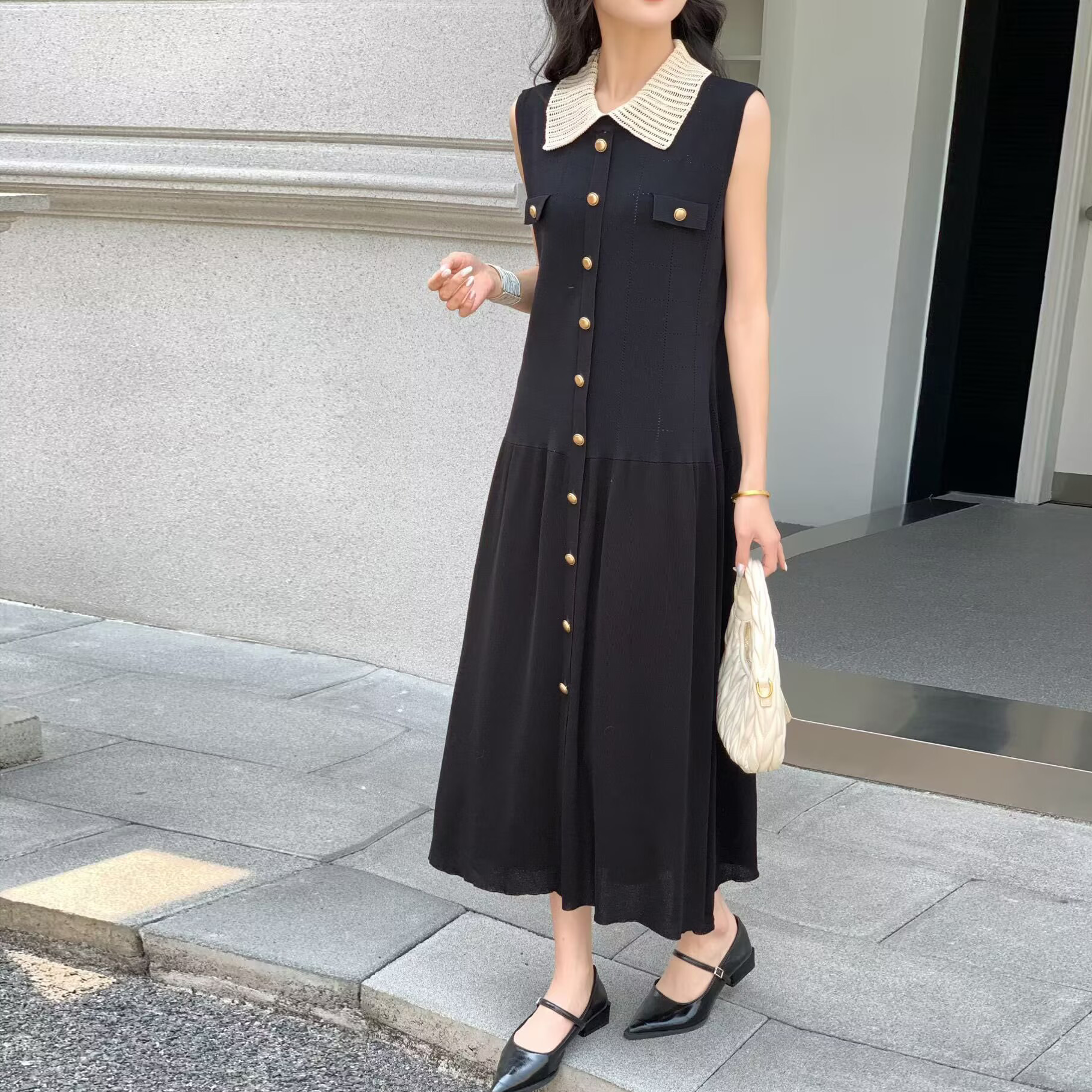 무거운 작업 작은 샤넬 스타일 여름 새로운 POLO 칼라 몸매 가꾸기 품격 우아함 홀로우 아웃 니트 트임 드레스 폭발 치마