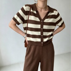 批发韩系新款冰丝针织条纹翻领短袖t恤+冰丝长裤 女<b class='q'>春</b>夏韩INS套装