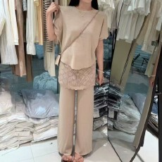 批发2026夏季新款女韩系穿搭露肩长袖上衣高腰显瘦假两件阔腿长裤