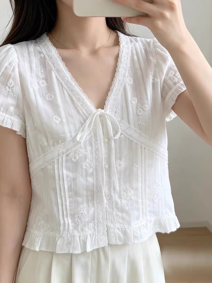 새로운 소매 정품 한 부서 여름 섹션 달콤함 자수 작은 꽃 패치워크 다용도 루즈핏 셔츠 여성 셔츠