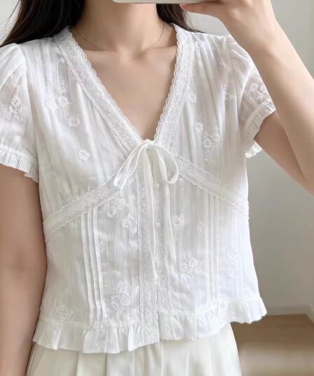 새로운 소매 정품 한 부서 여름 섹션 달콤함 자수 작은 꽃 패치워크 다용도 루즈핏 셔츠 여성 셔츠