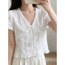 批发新袖正版韩系夏款甜美刺绣小花拼接百搭宽松<b class='q'>衬衫女</b>上衣
