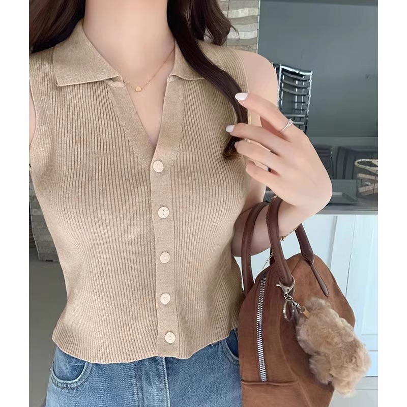빅 보드 polo 폴로 칼라 얇은 스타일 몸매 가꾸기 외출용 조끼 여성 여름 Chic 얼음 실크 니트 어깨 민소매 작은 맨위