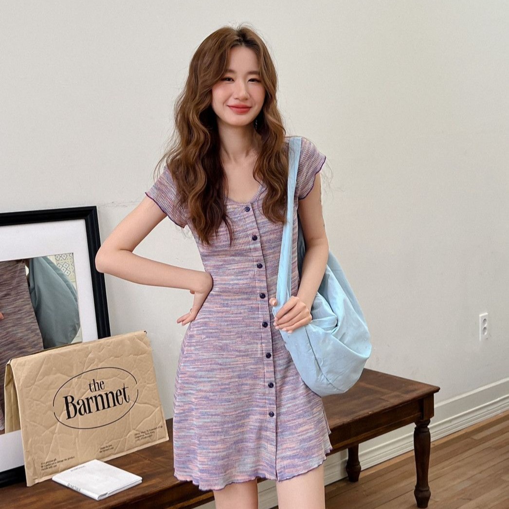 있음 선적 새로운 허리 수축 핫걸 몸매 가꾸기 슬림해 보이는 색상 곡물 V넥 쇼트 스타일 반팔 작은 키 드레스
