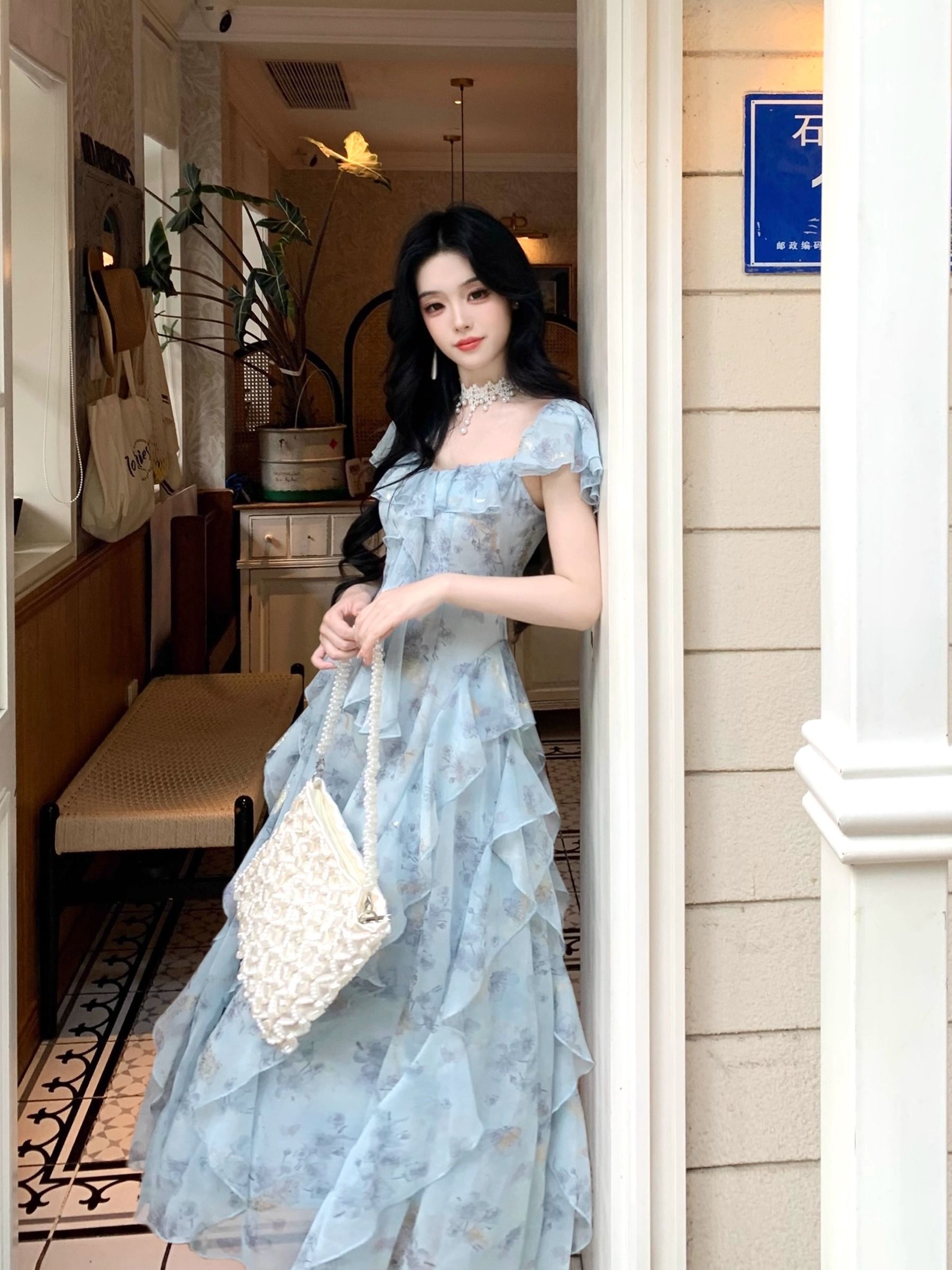 스타 바다 판금 요정 가스 부드러운 휴가 분위기 오프숄더 다림질 금박 쉬폰 프릴 고급 디자인 센스 드레스