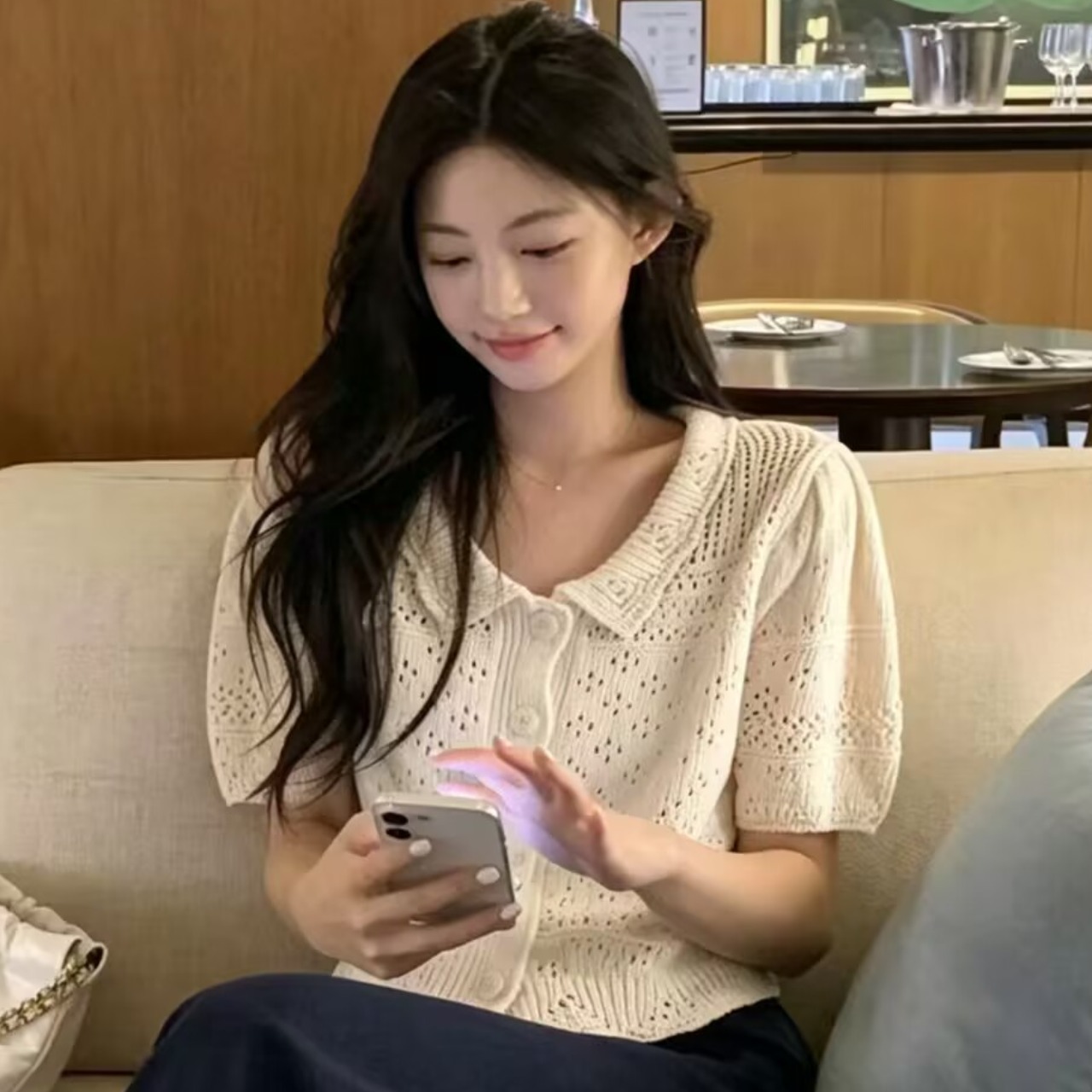 있음 선적 한국 chic 단색 홀로우 아웃 귀여운 작은 레이스 베이비 칼라 니트 반팔