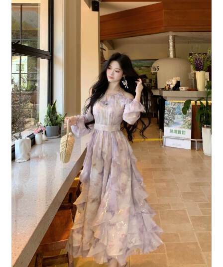 blovelan 나비 서식지 흐름 쌰 품격 오프숄더 불규칙 프릴 나비 프린트 긴팔 드레스 봄