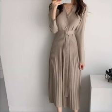 批发韩国chic 秋冬新品百搭针织大摆长款连衣裙 女 配腰带