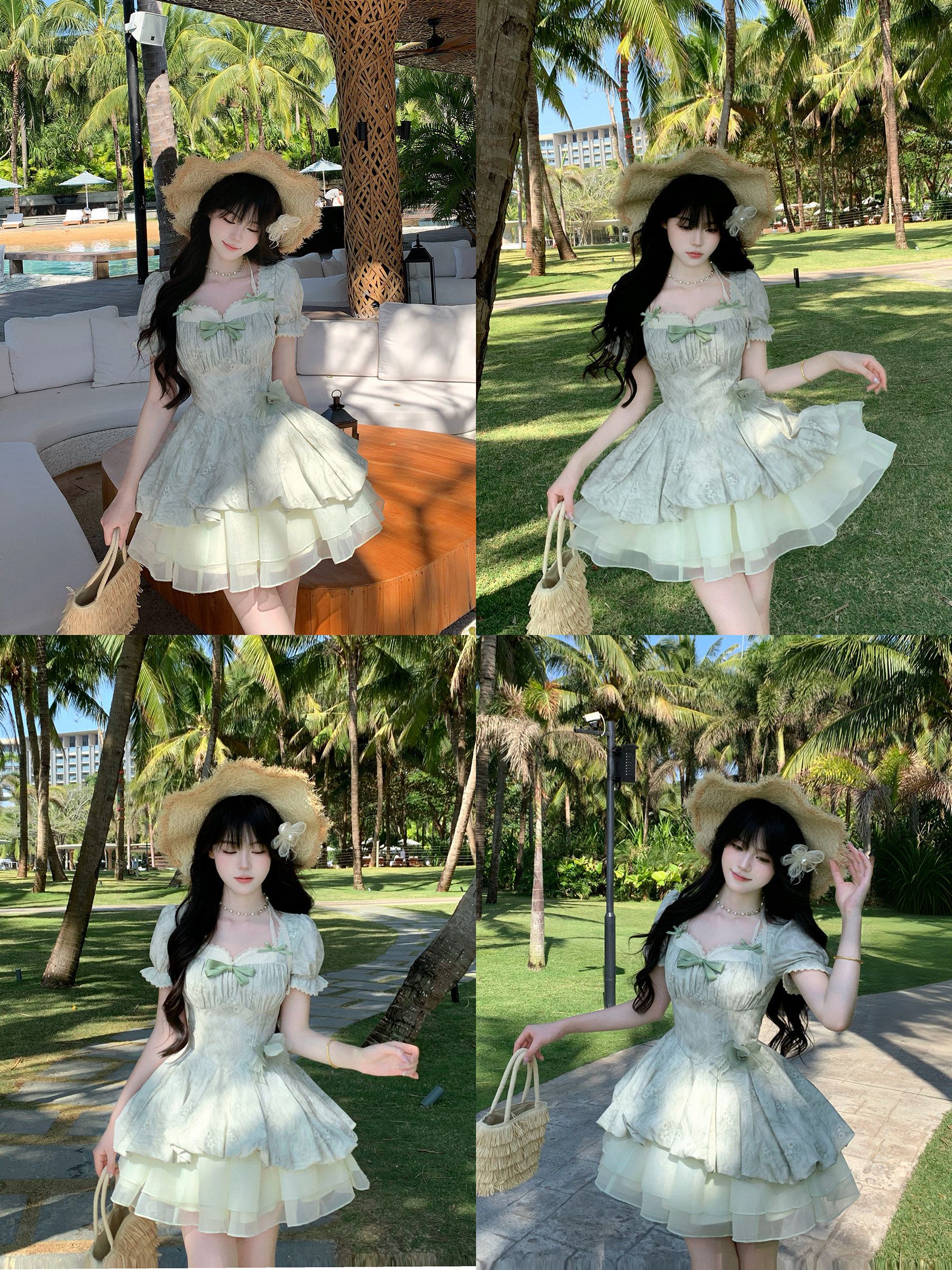 blovelan 녹색 레몬 얼음 코코넛 작은 청신 레이스 거품 소매 자카드 허리 수축 소녀 공주 퍼프 드레스