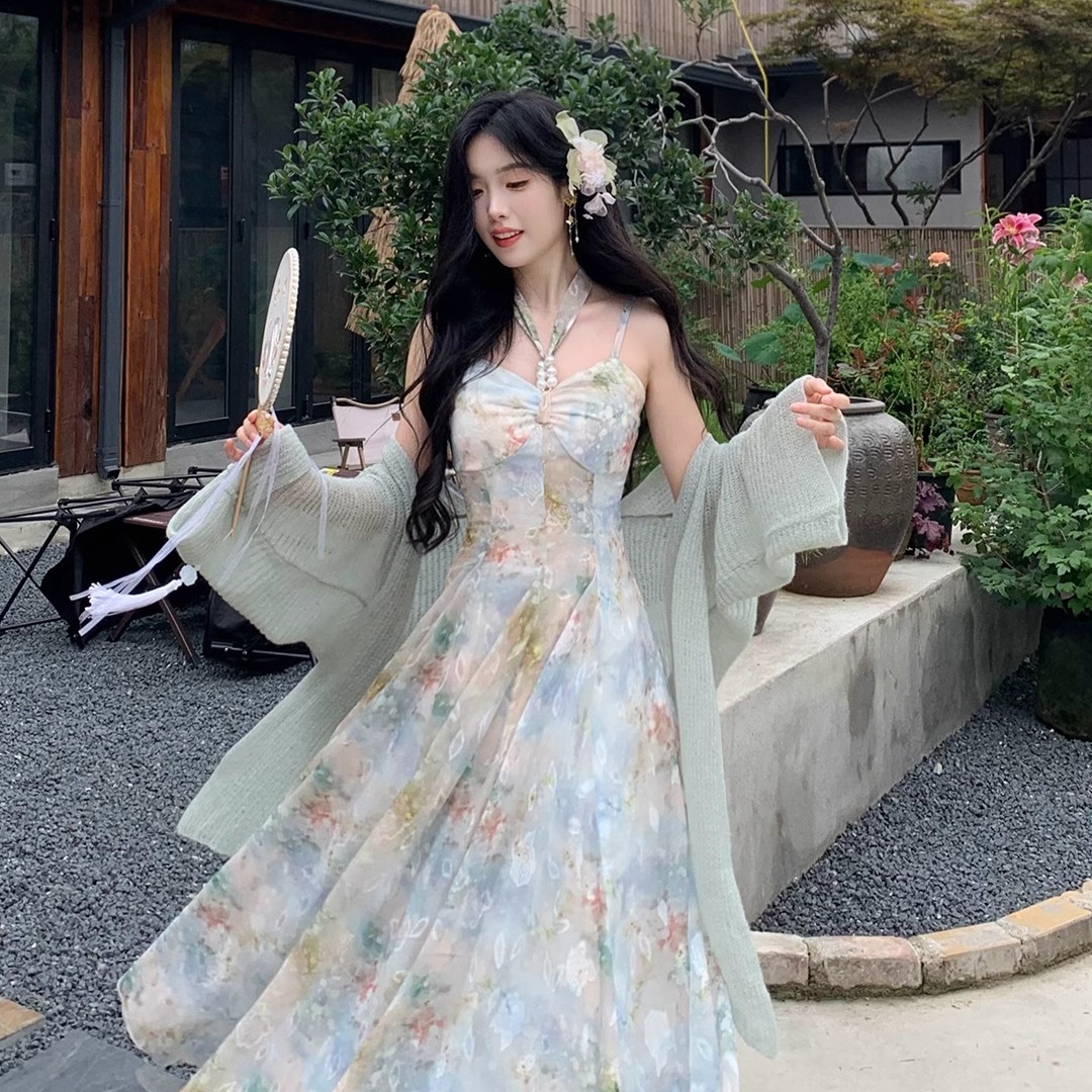 2026 이른 가을 유화 비밀 상황 레트로 유화 센스 품격 프린트 자수 행침 목 슬립 드레스 여성 가을 새로운