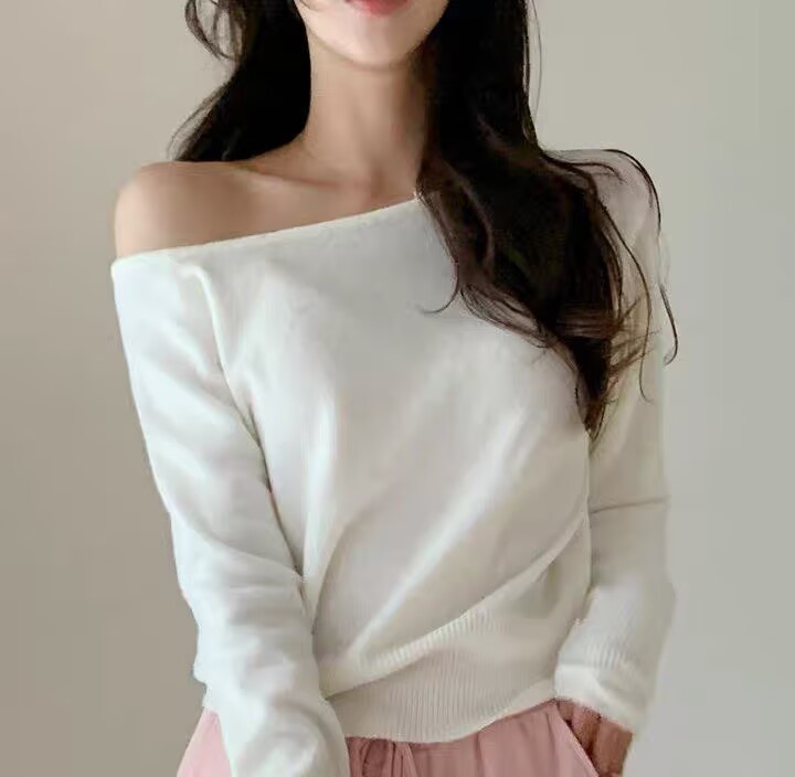 한국 26 레트로 다용도 숙녀 비스듬한 어깨 루즈핏 캐주얼 풀오버 니트 스웨터