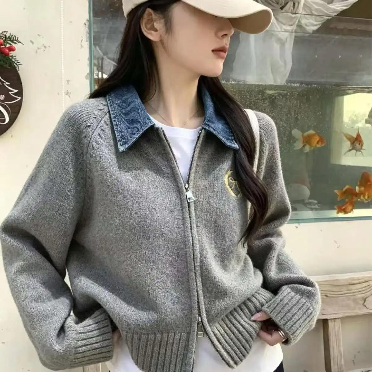 폴드 칼라 데님 배색 더블 지퍼 니트 가디건 상세 이미지 1
