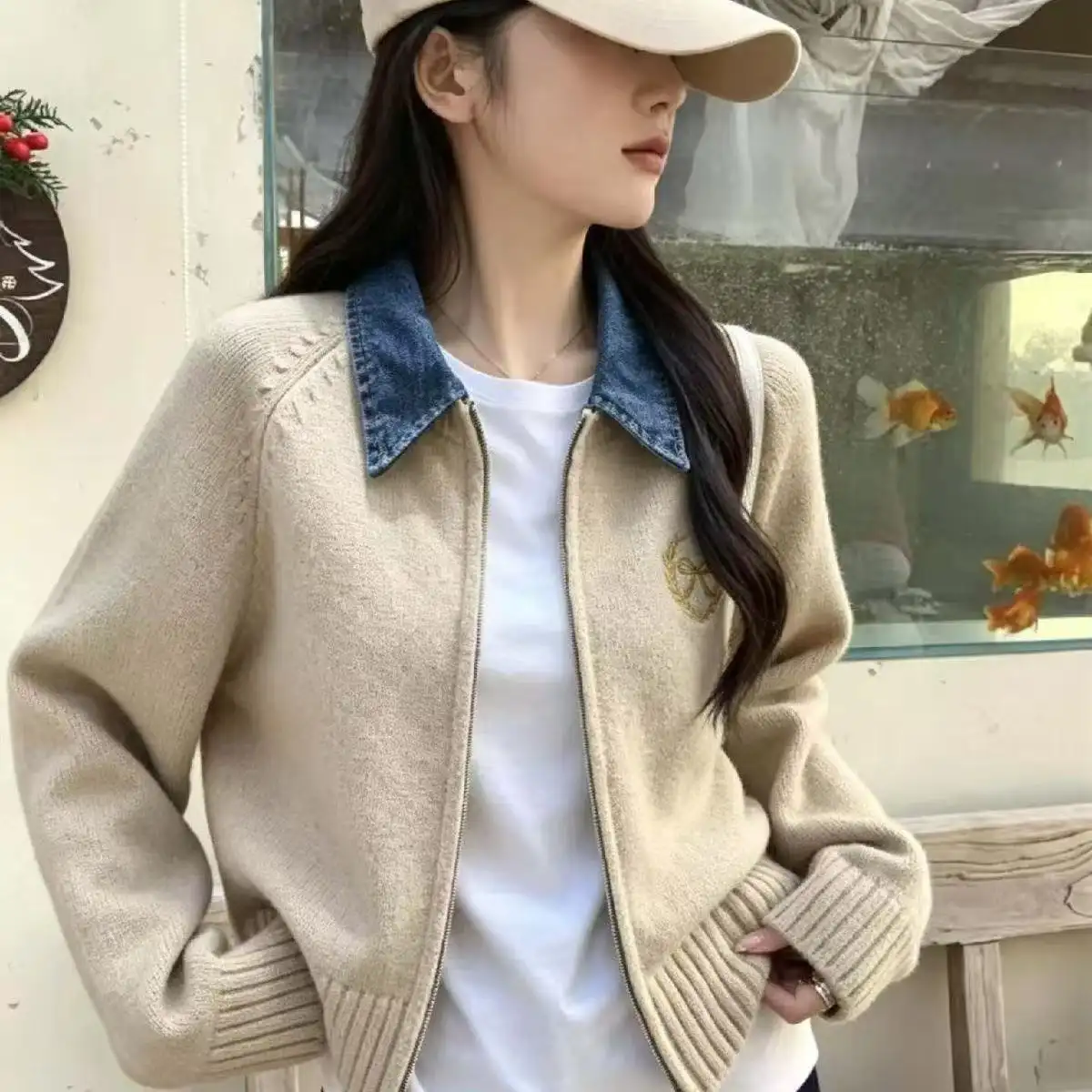 폴드 칼라 데님 배색 더블 지퍼 니트 가디건 상세 이미지 2