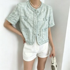 批发实拍 chic韩国 设计感混色粗纺短款小开衫外套 女