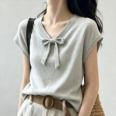 批发美式蝴蝶结系带短袖<b class='q'>T</b><b class='q'>恤</b>女今年流行小众设计感气质百搭减龄上衣潮