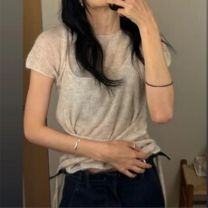 批发韩国小众设计感微透叠穿背心+腰部绑带短袖针织三件套装女