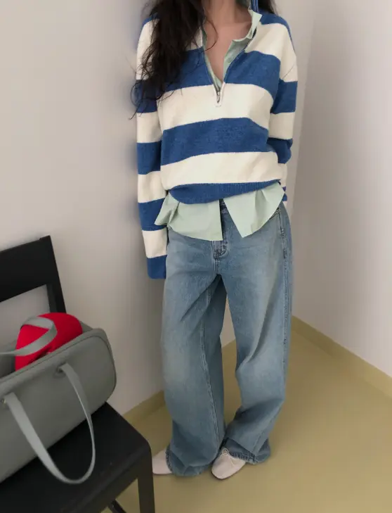 한국인기 와이드 스트라이프 하프 집업 니트 상세 이미지 7