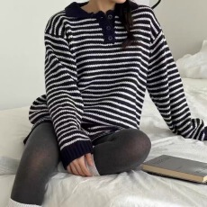批发2026秋<b class='q'>冬</b>韩版条纹polo领针织毛衣女秋<b class='q'>冬</b>+短裤套装含羊毛两件套