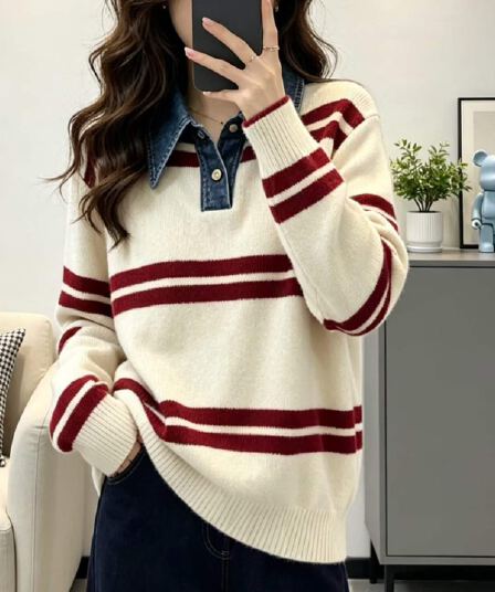 한 부서 진한 파란색 데님 패치워크 페이크 레이어드 POLO 칼라 니트 스웨터 여성 가을 겨울 새로운 외출용 인사이드 가져 가라. 스웨터
