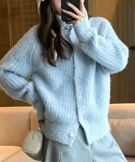 한 부서 폴로 칼라 사탕 색상 서클 실 터틀넥 니트 오픈 가디건 여성 코트 가을 겨울철 느긋한 느슨함 센스 스웨터 트렌디