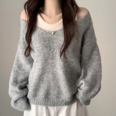 批发韩国chic秋<b class='q'>冬</b>慵懒风V领露肩毛衣女外穿U领打底针织吊带背心两件套