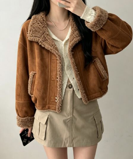 실사 한 부서 캐러멜 양털 재킷 여성 짧은 루즈핏 폴로 칼라 가을 겨울 두꺼운 플리스 재킷